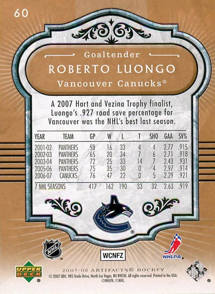 2007-08 UD Artifacts - Roberto Luongo #60