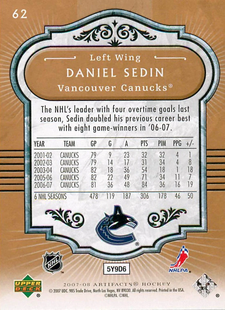 2007-08 UD Artifacts - Daniel Sedin #62