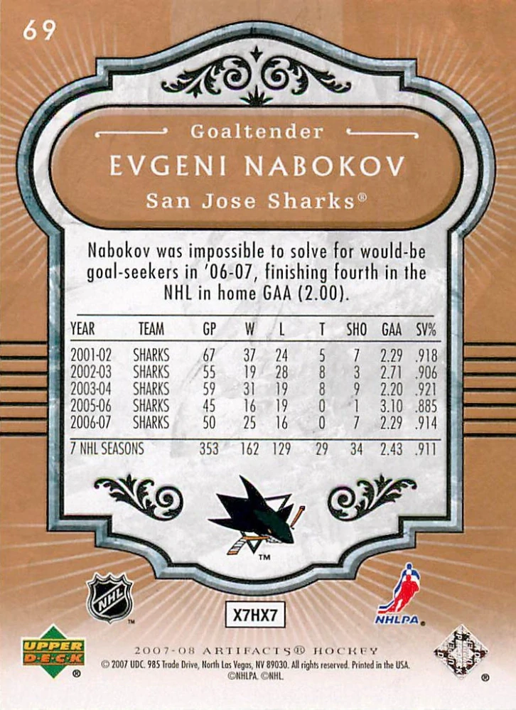 2007-08 UD Artifacts - Evgeni Nabokov #69