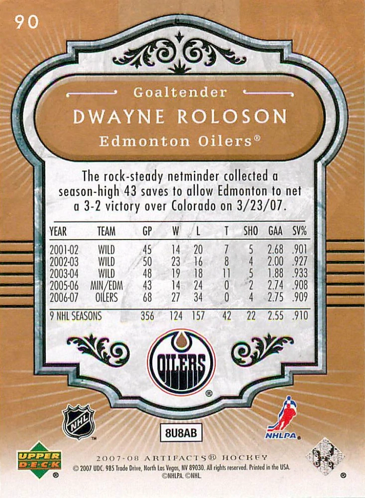 2007-08 UD Artifacts - Dwayne Roloson #90