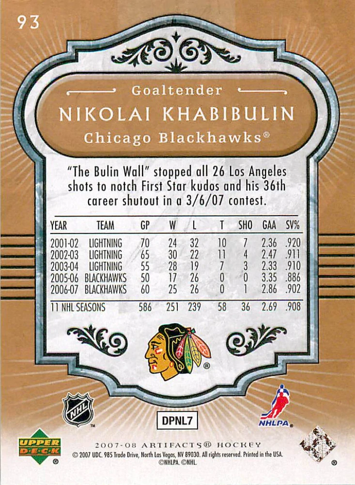 2007-08 UD Artifacts - Nikolai Khabibulin #93