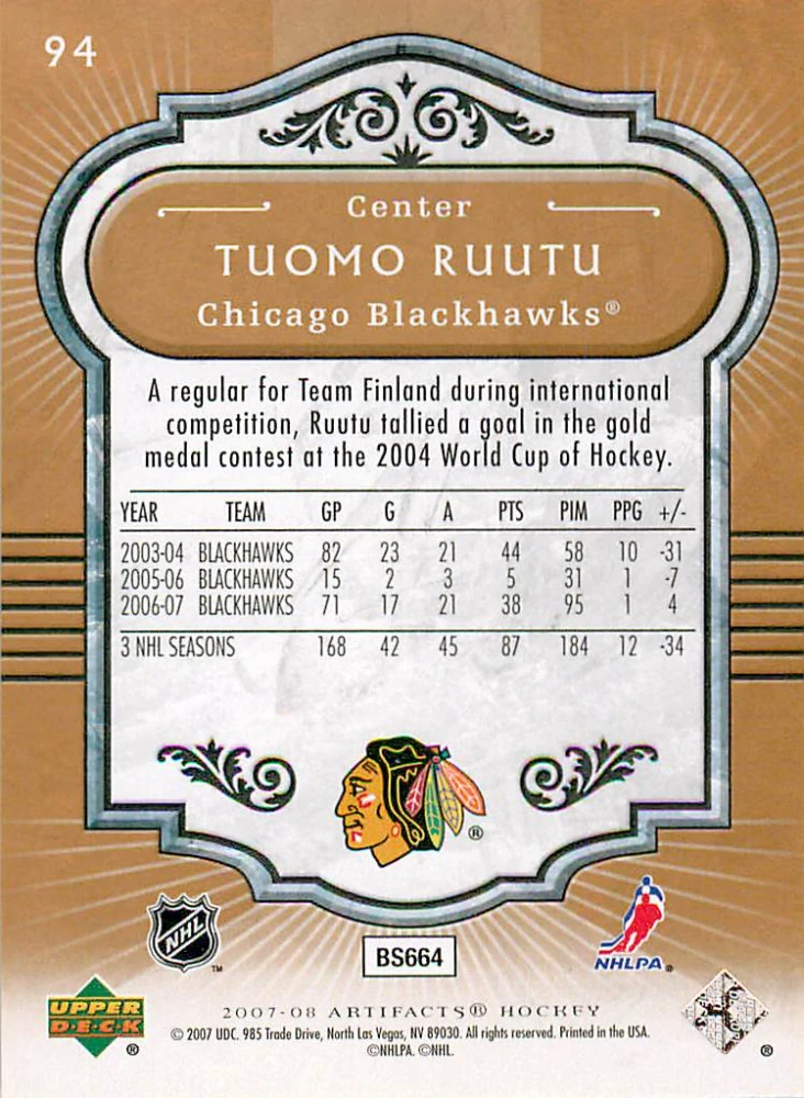 2007-08 UD Artifacts - Tuomo Ruutu #94