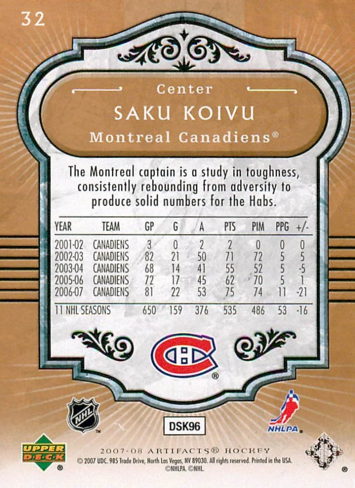 2007-08 UD Artifacts - Saku Koivu #32
