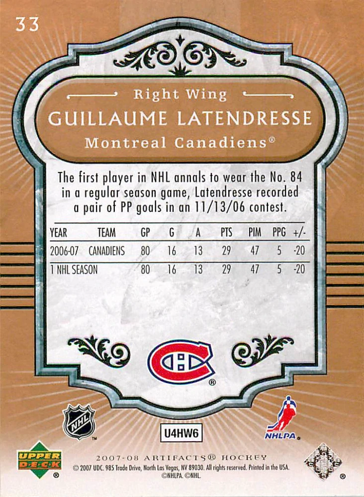 2007-08 UD Artifacts - Guillaume Latendresse #33