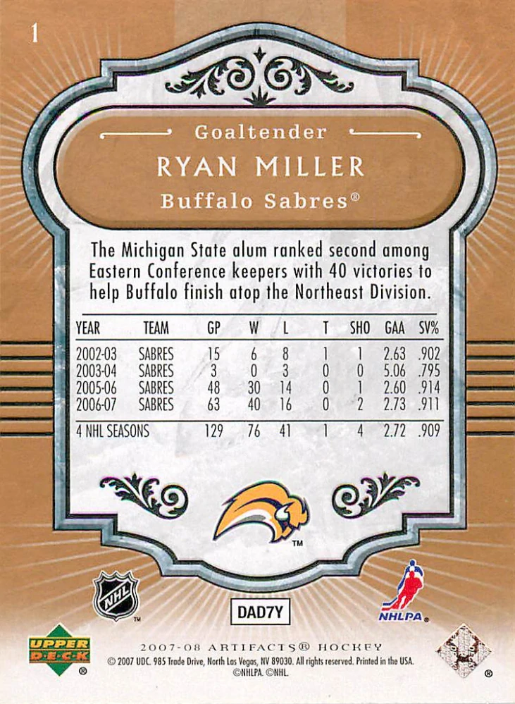 2007-08 UD Artifacts - Ryan Miller #1