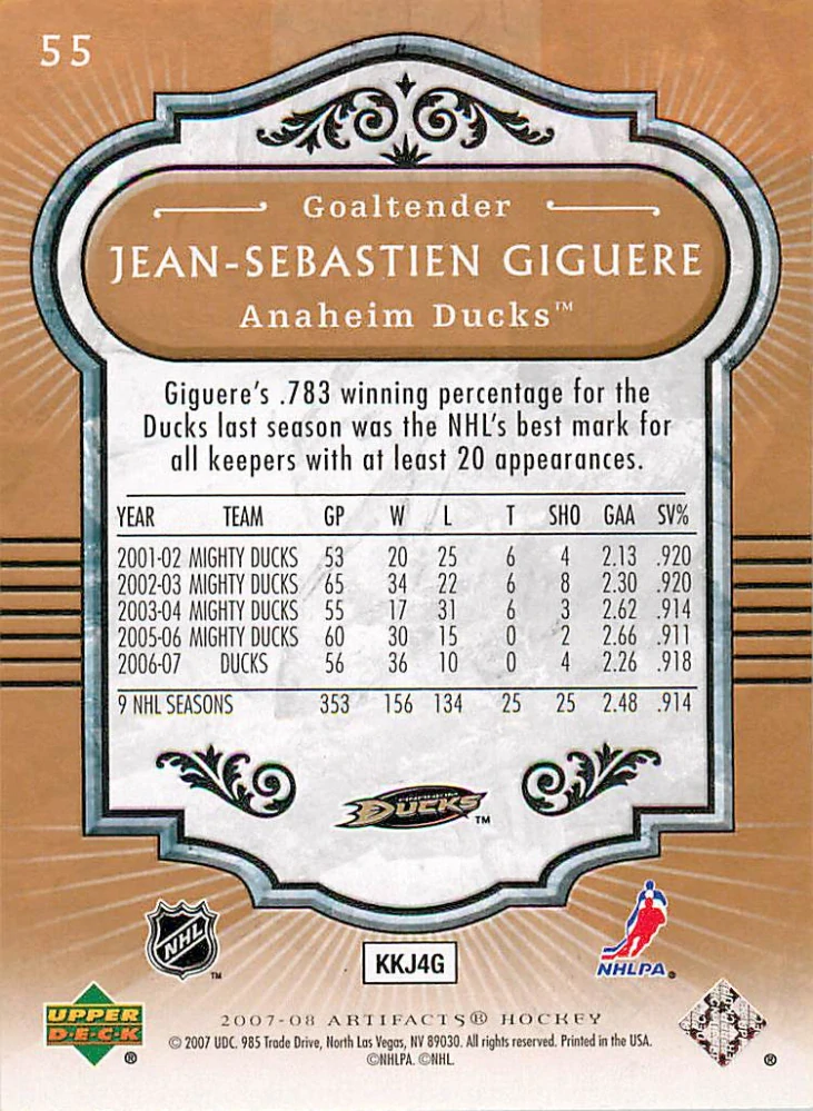 2007-08 UD Artifacts - Jean-Sebastien Giguere #55