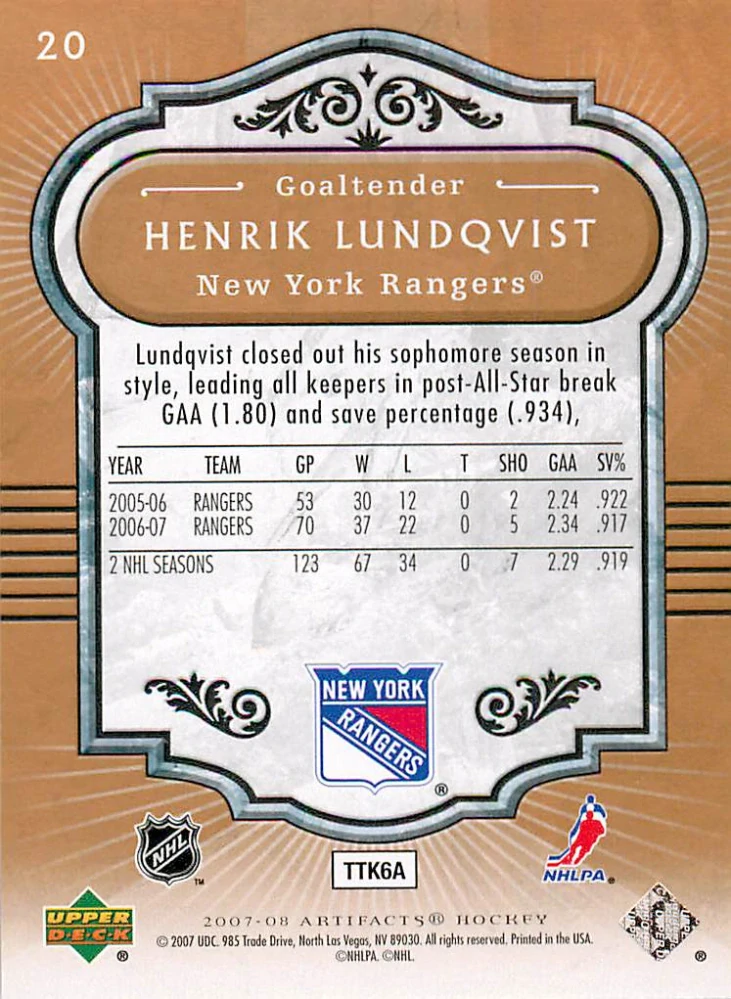 2007-08 UD Artifacts - Henrik Lundqvist #20