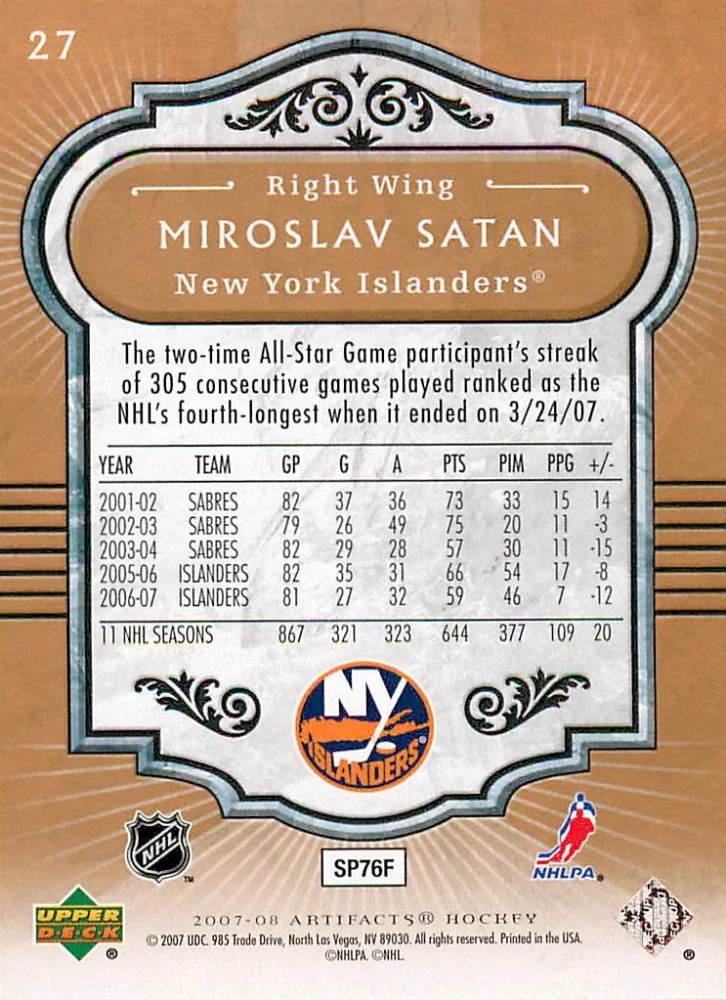 2007-08 UD Artifacts - Miroslav Šatan #27