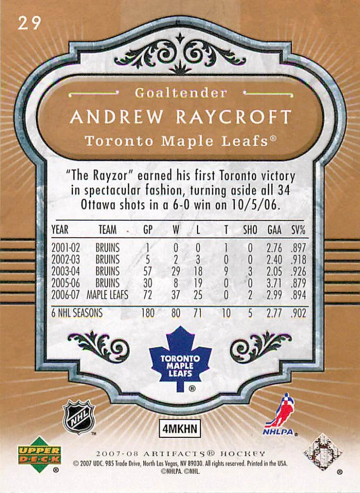 2007-08 UD Artifacts - Andrew Raycroft #29