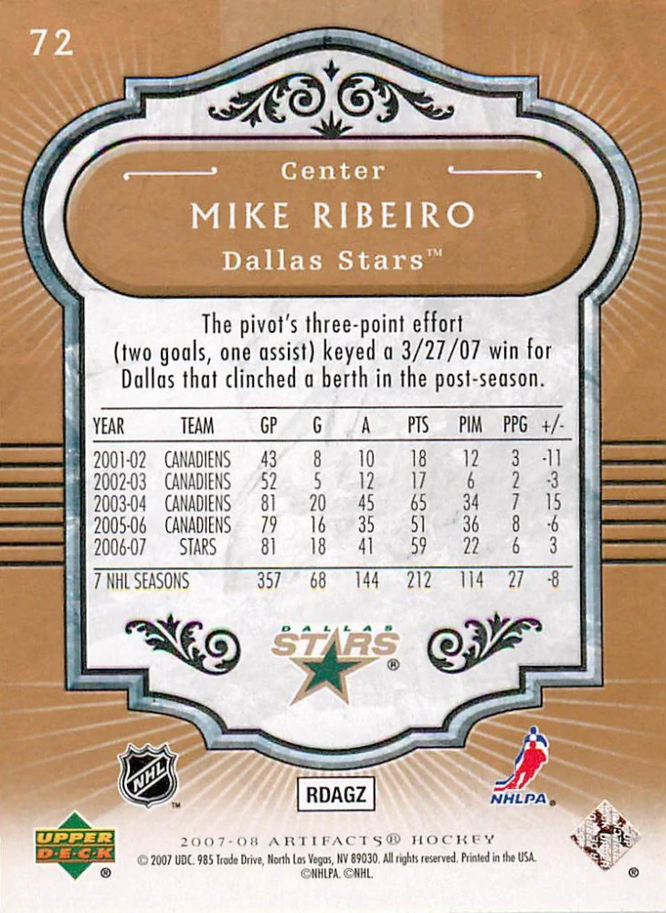 2007-08 UD Artifacts - Mike Ribeiro #72