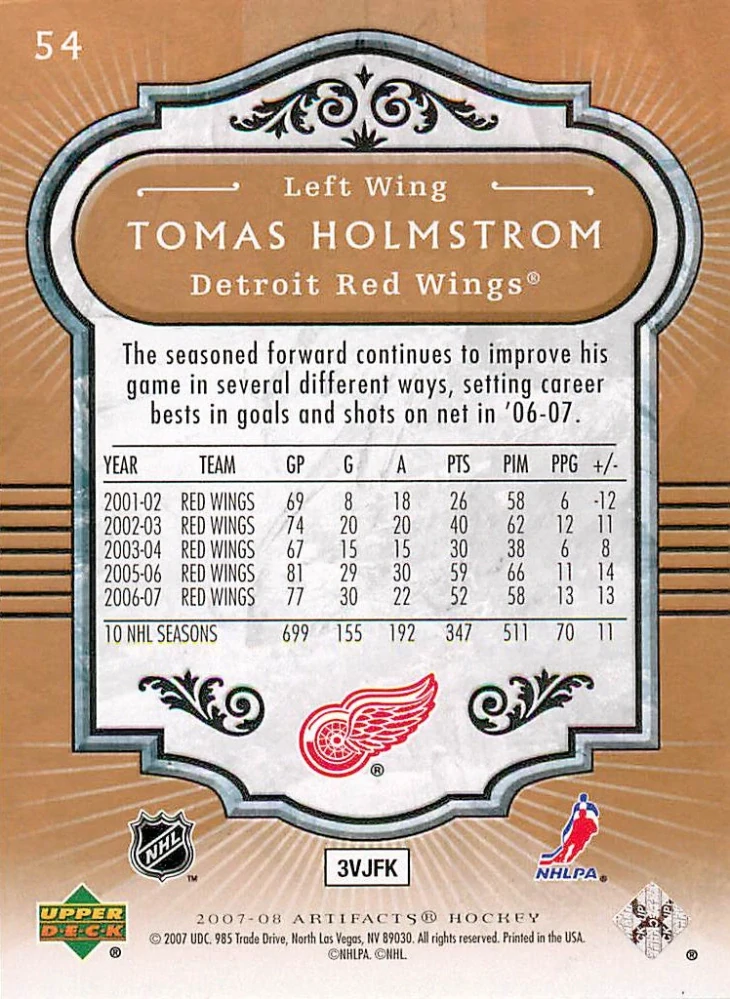 2007-08 UD Artifacts - Tomas Holmstrom #54