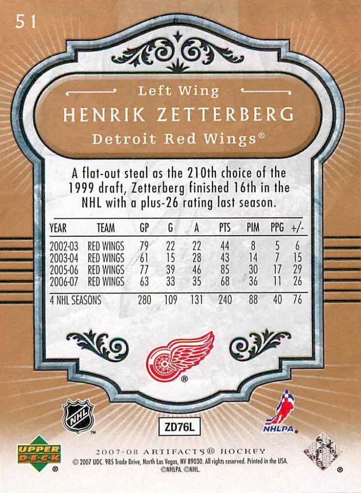 2007-08 UD Artifacts - Henrik Zetterberg #51
