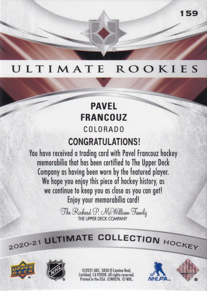 2020-21 UD Ultimate Collection - Pavel Francouz - Ultimate Rookies Jersey /649 #159