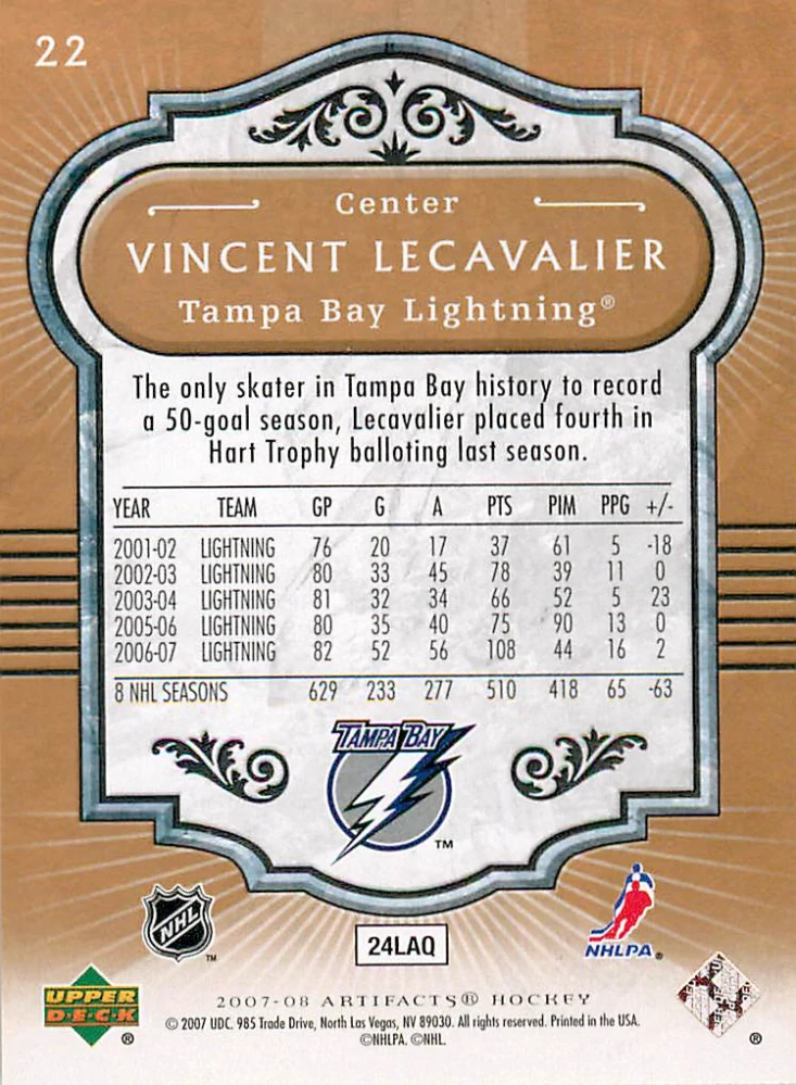 2007-08 UD Artifacts - Vincent Lecavalier #22