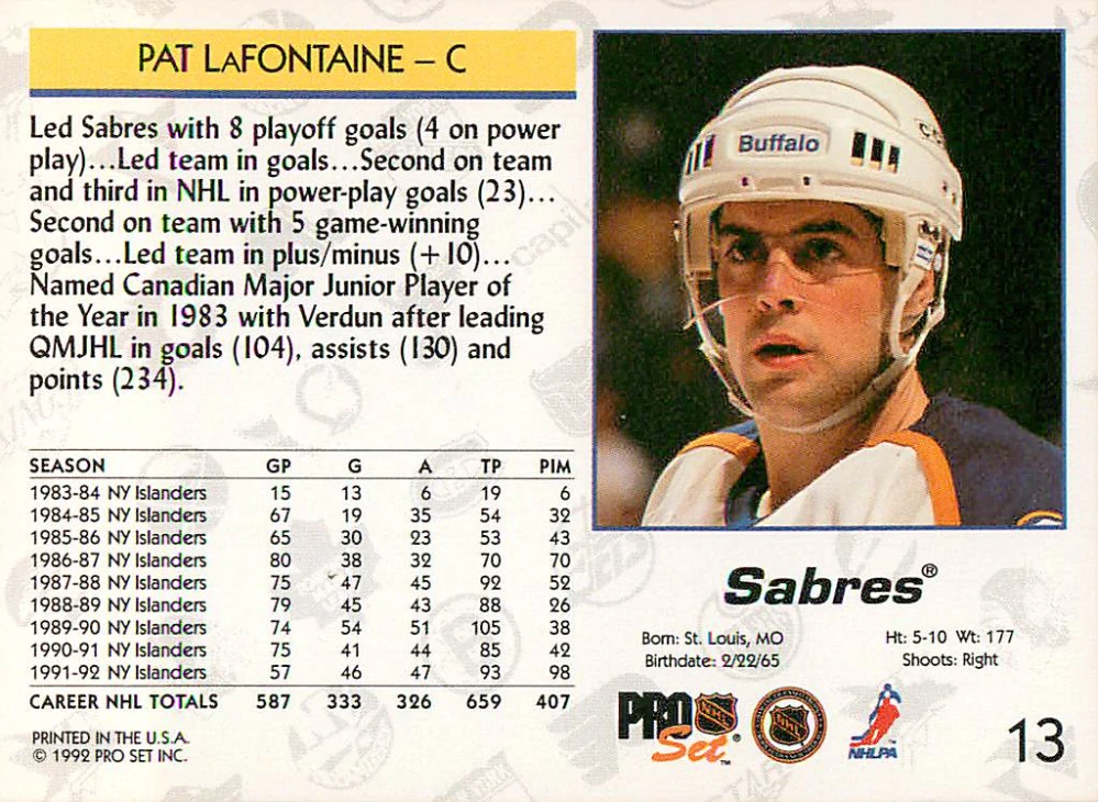 1992-93 Pro Set - Pat LaFontaine #13