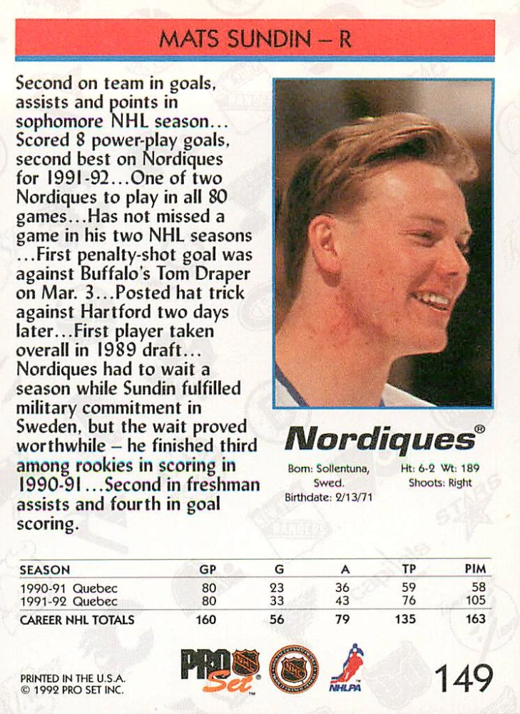 1992-93 Pro Set - Mats Sundin #149