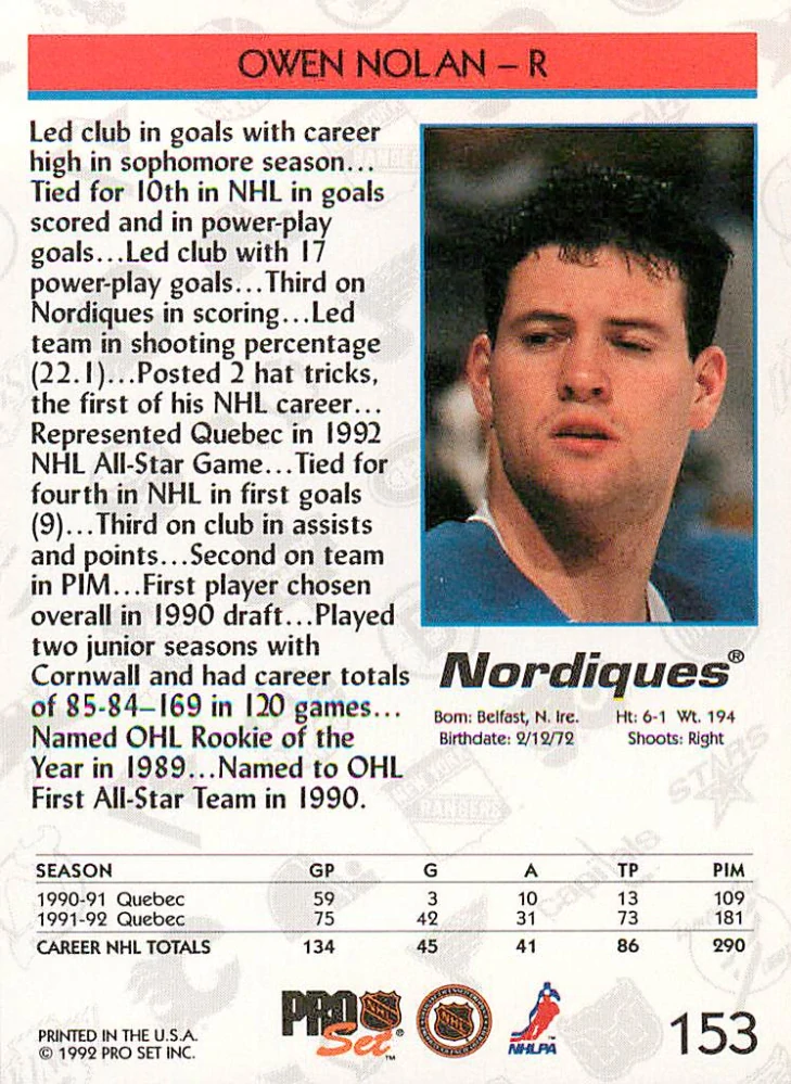 1992-93 Pro Set - Owen Nolan #153