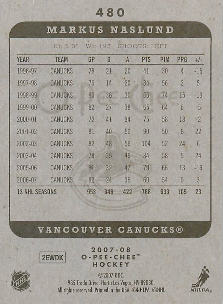 2007-08 UD O-Pee-Chee - Markus Naslund #480