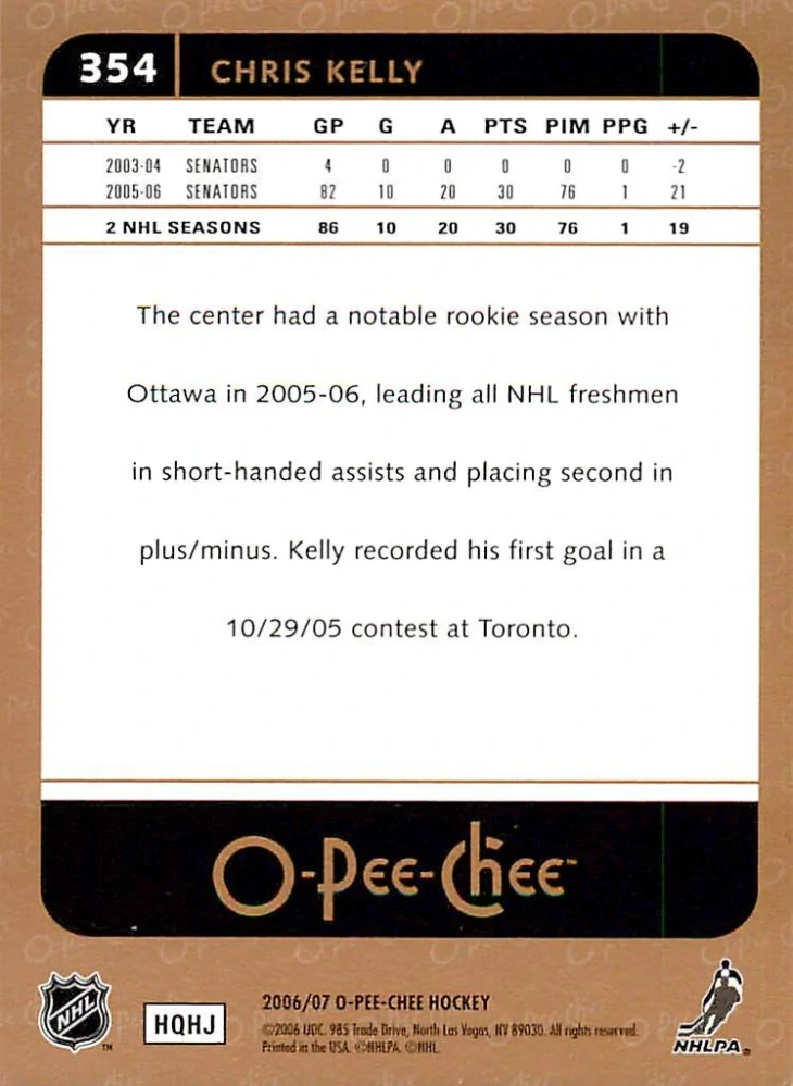 2006-07 UD O-Pee-Chee - Chris Kelly #354