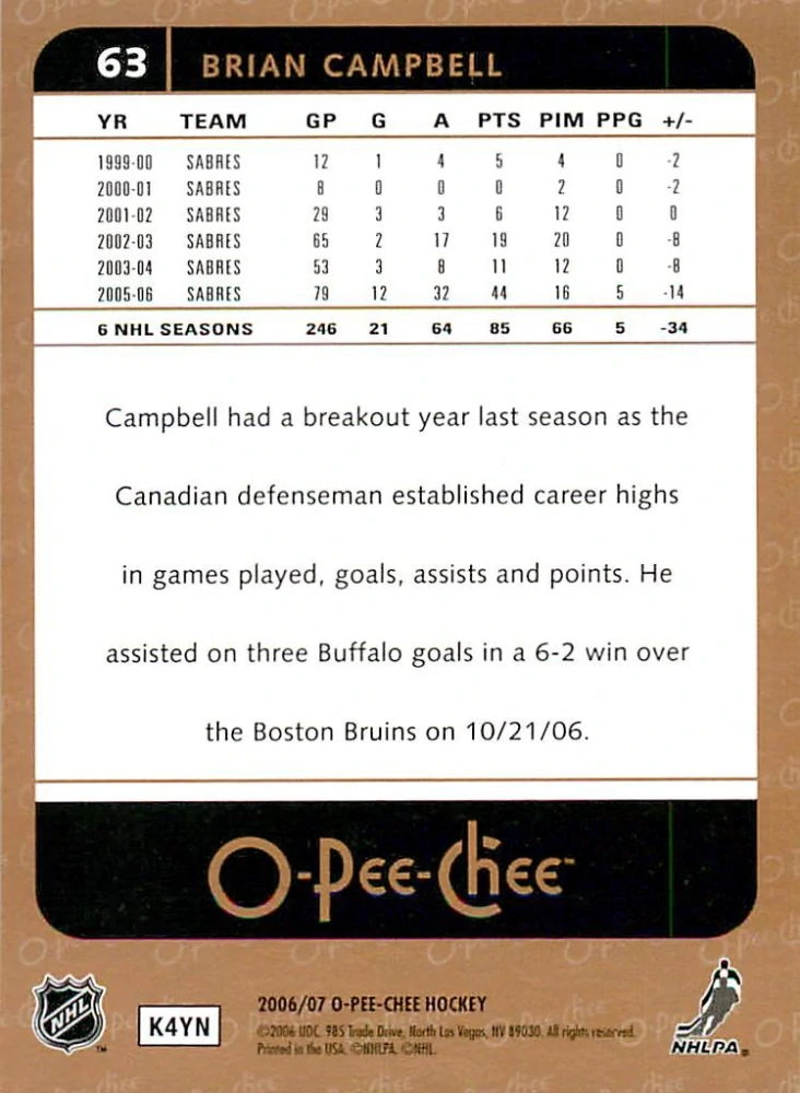 2006-07 UD O-Pee-Chee - Brian Campbell #63