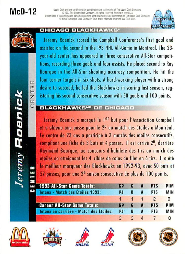 1993-94 UD McDonald's - Jeremy Roenick #McD-12