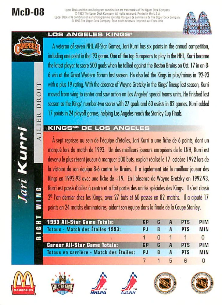 1993-94 UD McDonald's - Jari Kurri #McD-08
