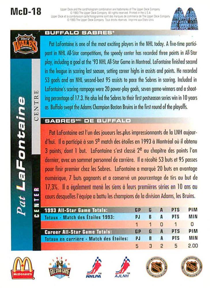 1993-94 UD McDonald's - Pat LaFontaine #McD-18