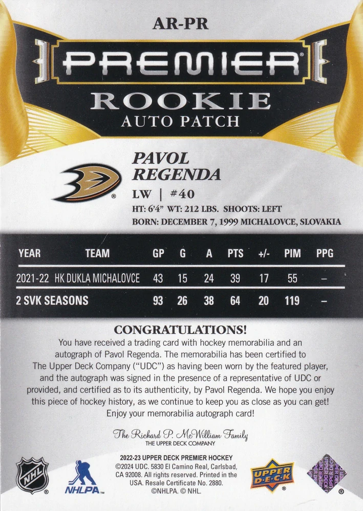 2022-23 UD Premier - Pavol Regenda - Rookie Auto Patch /249 #AR-PR