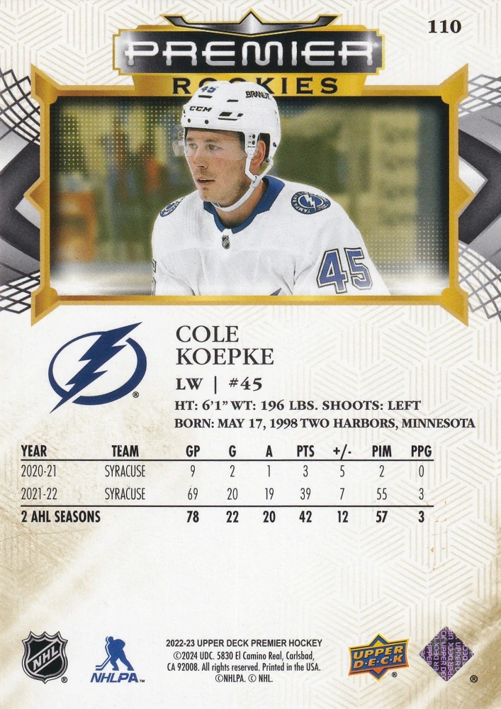 2022-23 UD Premier - Cole Koepke - Premier Rookies Gold /65 #110