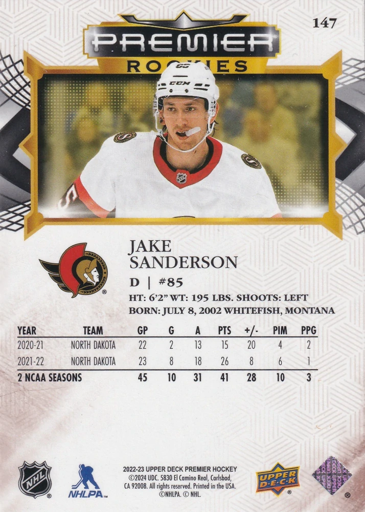 2022-23 UD Premier - Jake Sanderson - Premier Rookies Bronze /199 #147