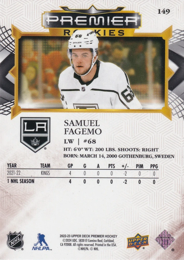 2022-23 UD Premier - Samuel Fagemo - Premier Rookies Bronze /199 #149