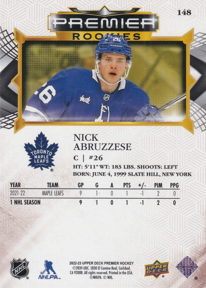 2022-23 UD Premier - Nick Abruzzese - Premier Rookies Bronze /199 #148