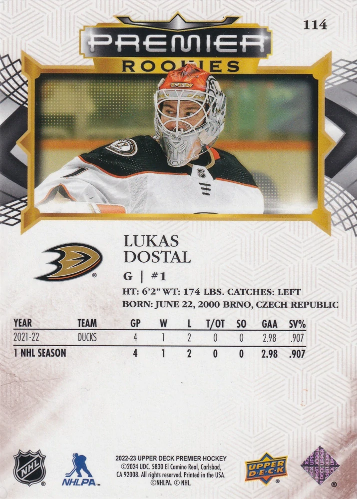 2022-23 UD Premier - Lukáš Dostál - Premier Rookies Bronze /199 #114