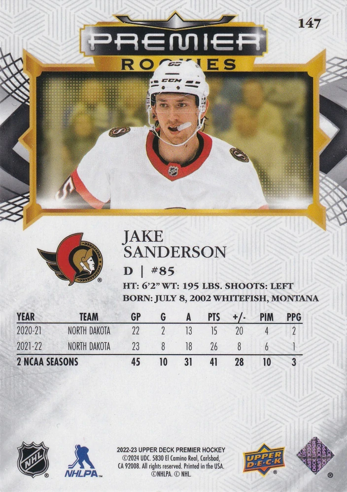 2022-23 UD Premier - Jake Sanderson - Premier Rookies /399 #147