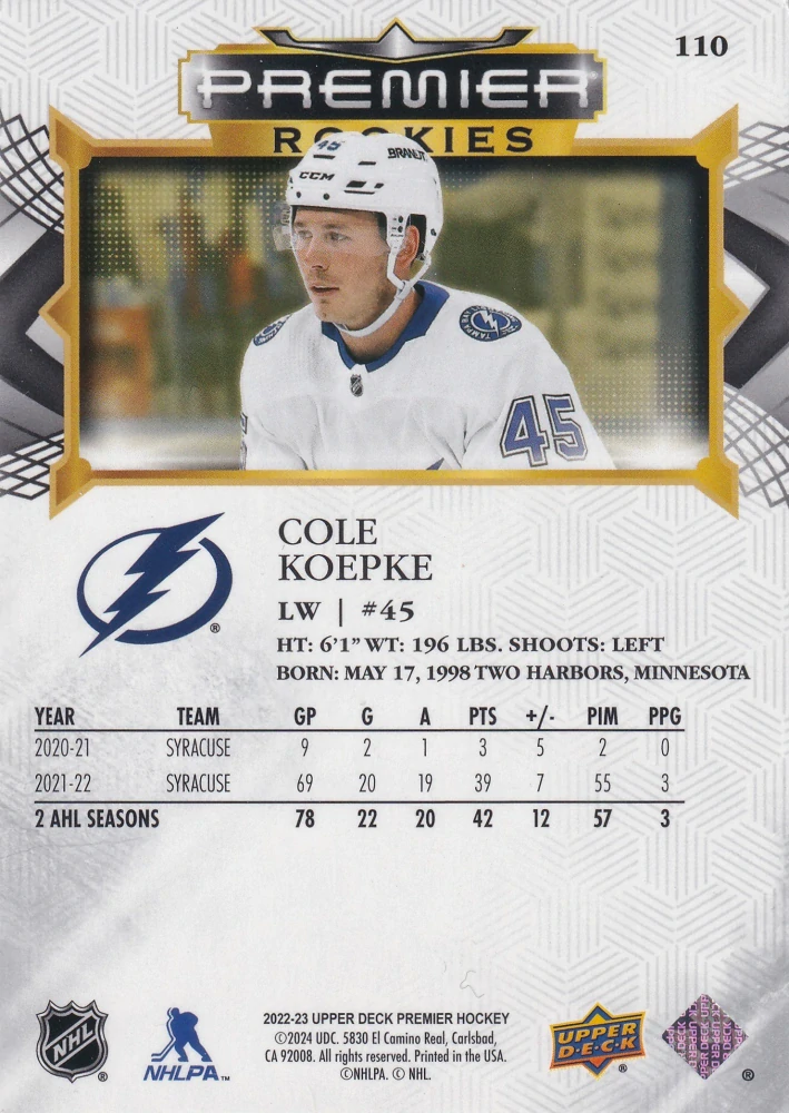 2022-23 UD Premier - Cole Koepke - Premier Rookies /399 #110