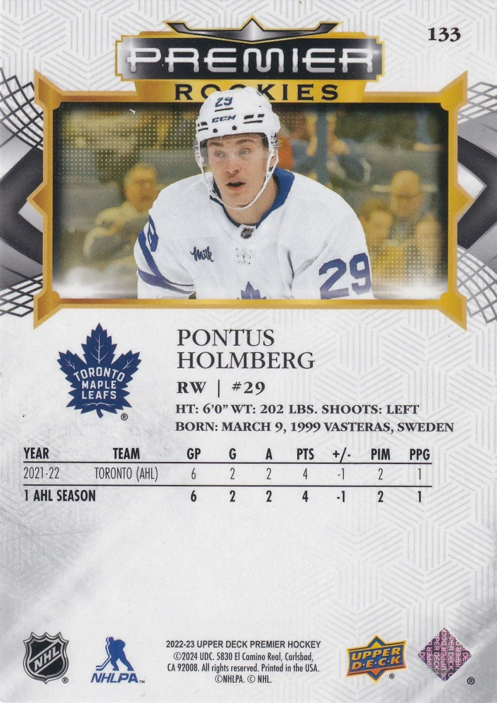 2022-23 UD Premier - Pontus Holmberg - Premier Rookies /399 #133