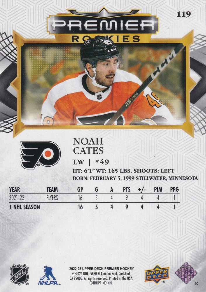 2022-23 UD Premier - Noah Cates - Premier Rookies /399 #119