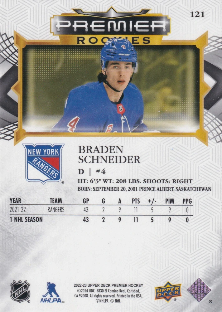 2022-23 UD Premier - Braden Schneider - Premier Rookies /399 #121