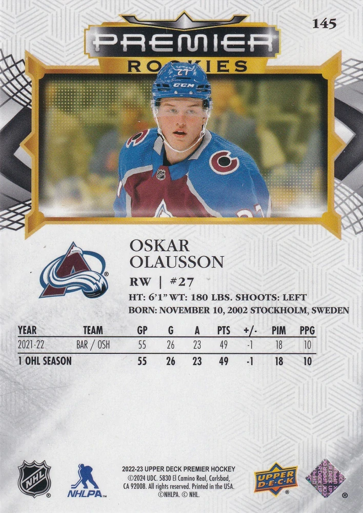 2022-23 UD Premier - Oskar Olausson - Premier Rookies /399 #145