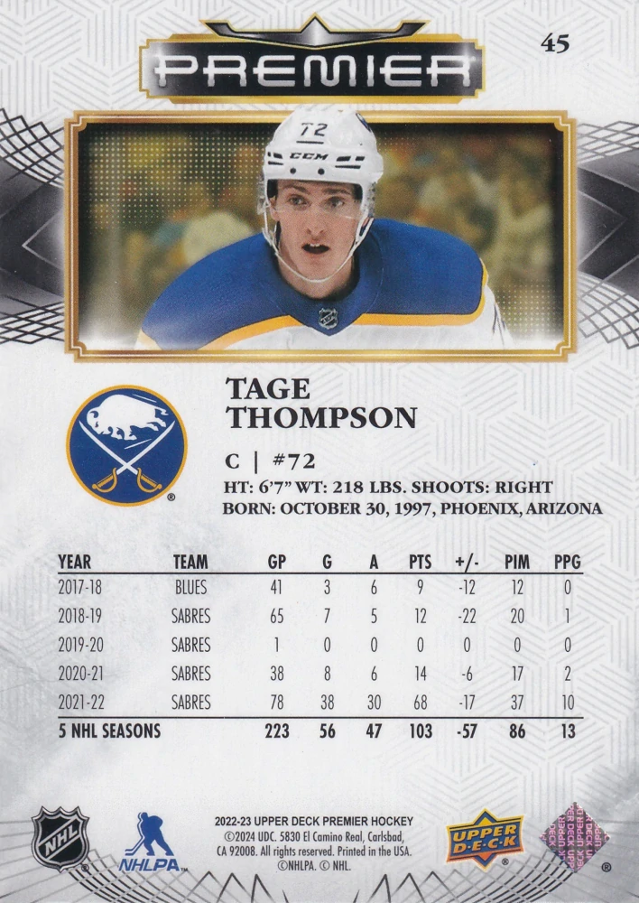 2022-23 UD Premier - Tage Thompson /299 #45