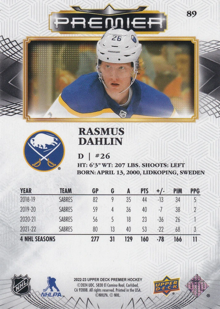 2022-23 UD Premier - Rasmus Dahlin /299 #89