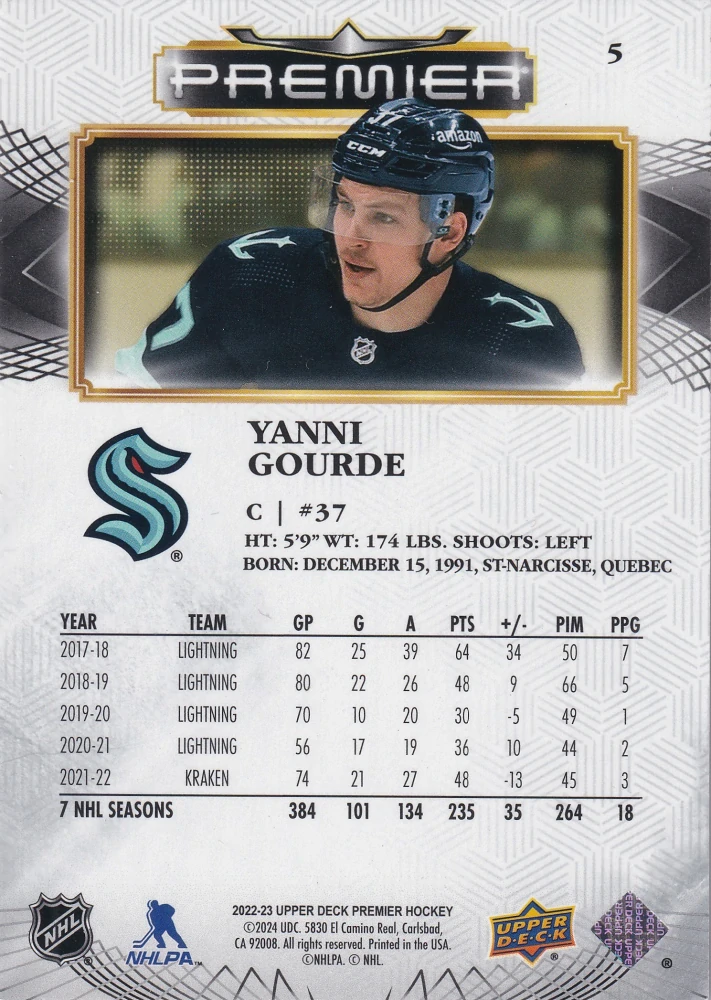 2022-23 UD Premier - Yanni Gourde /299 #5