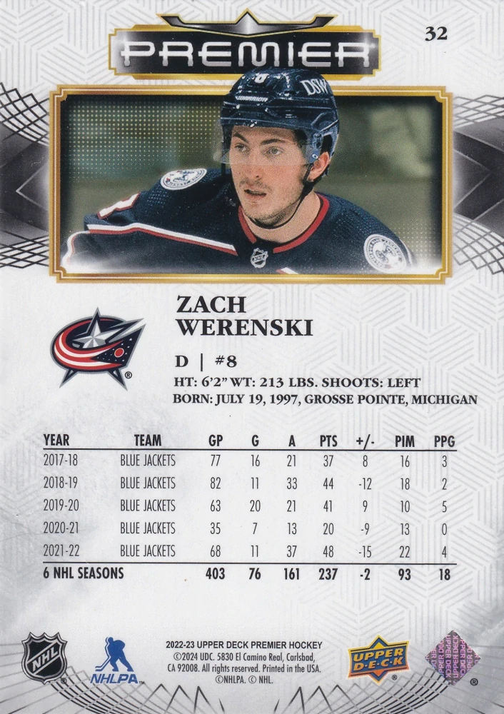 2022-23 UD Premier - Zach Werenski /299 #32
