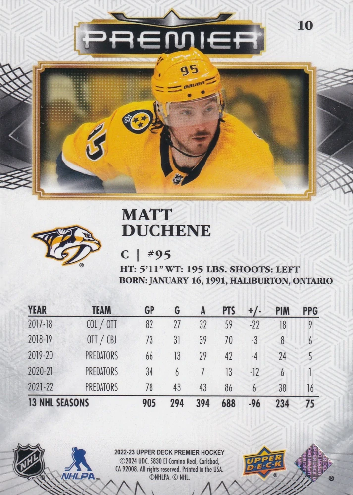 2022-23 UD Premier - Matt Duchene /299 #10