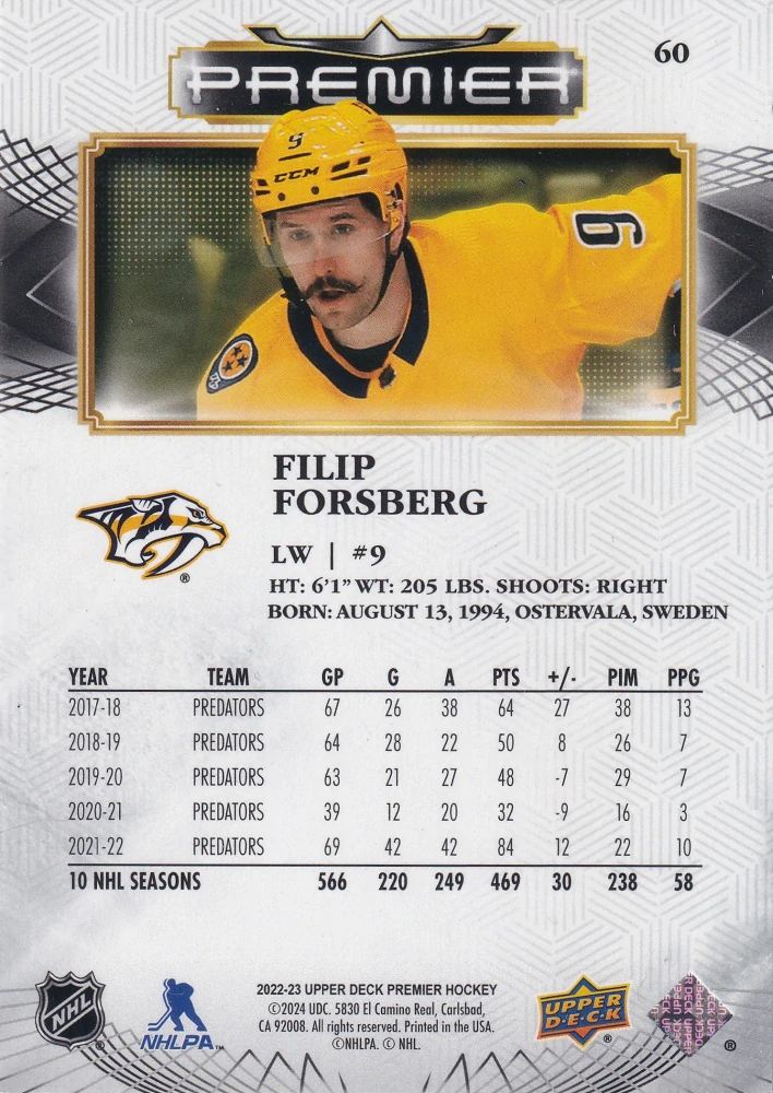 2022-23 UD Premier - Filip Forsberg /299 #60