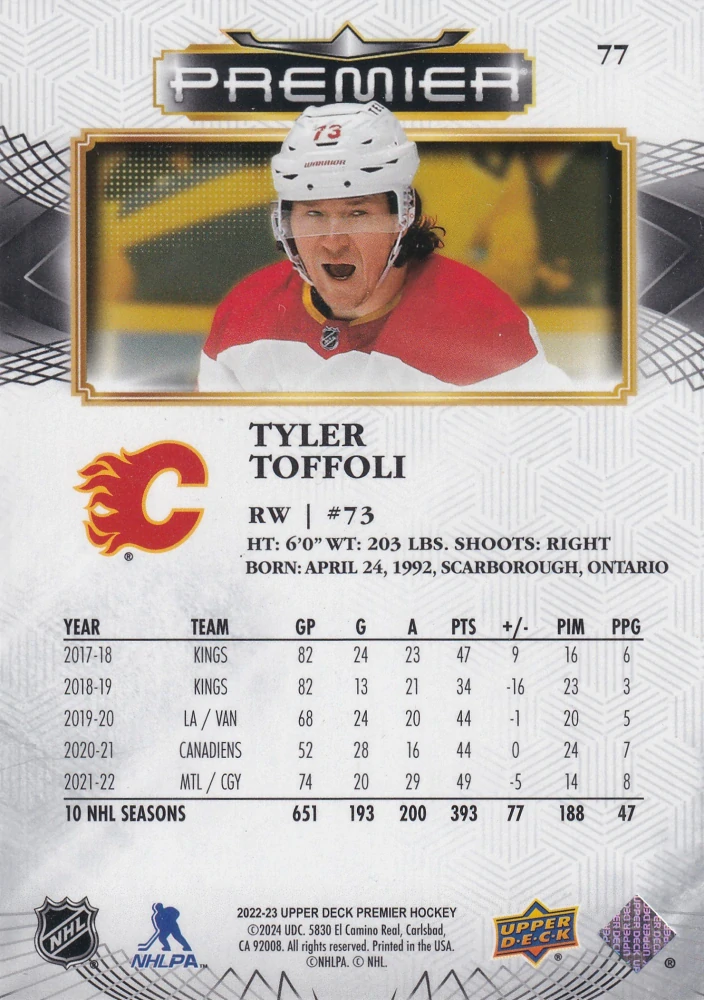 2022-23 UD Premier - Tyler Toffoli /299 #77