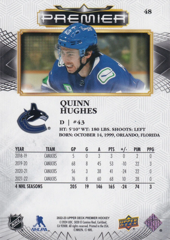 2022-23 UD Premier - Quinn Hughes /299 #48