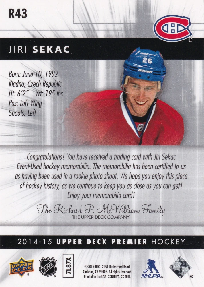 2014-15 UD Premier - Jiří Sekáč - Premier Jersey /125 #R43