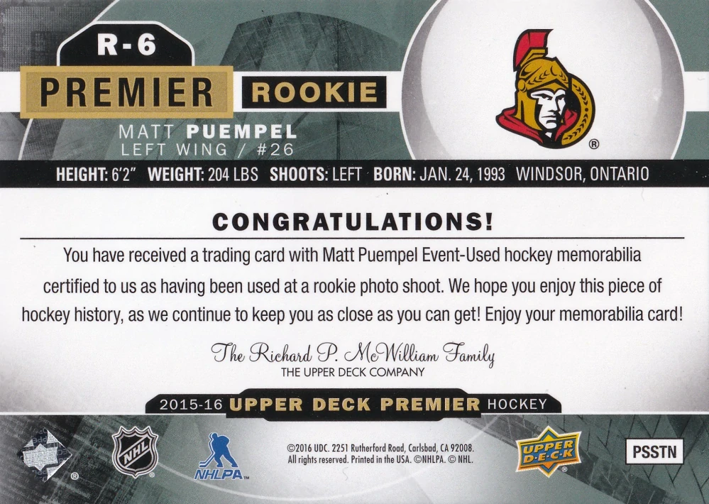 2015-16 UD Premier - Matt Puempel - Premier Rookie Jersey #R-6