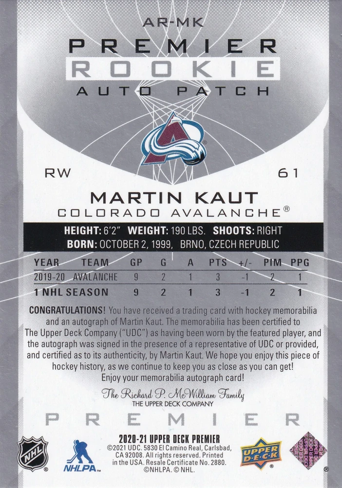 2020-21 UD Premier - Martin Kaut - Premier Rookies Auto Patch /249 #AR-MK